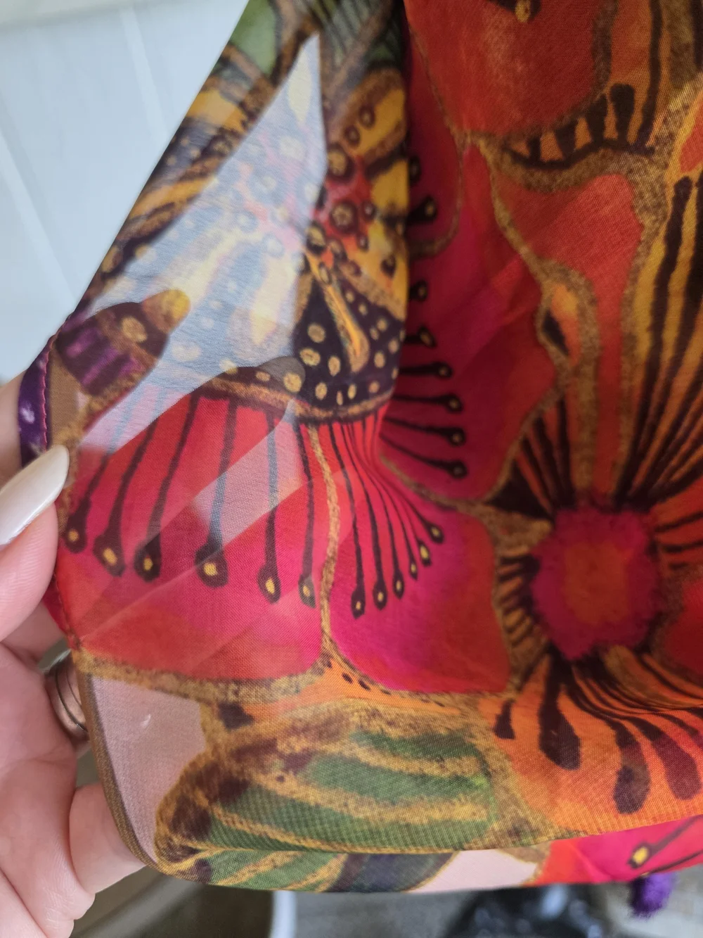 Laurel Burch Mandala Sheer Scarf Orange, Purple & Pink Floral Tassel Scarf